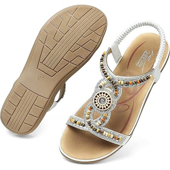 Women’s Boho Flat Sandals Beaded Elastic Strap Summer Dressy Casual Sz 8 - Picture 2 of 12